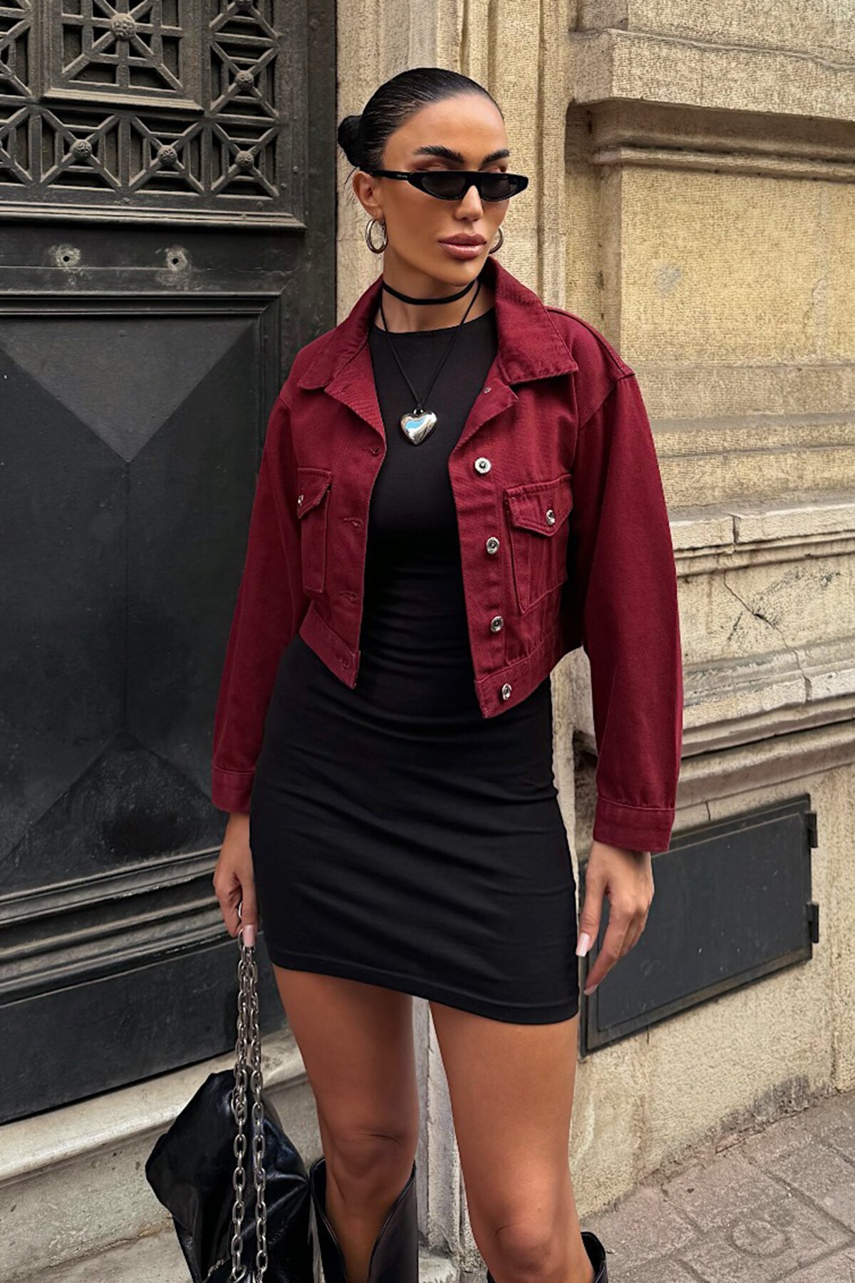 Bordo Çif Cepli Düğme Kapamalı Crop Denim Ceket