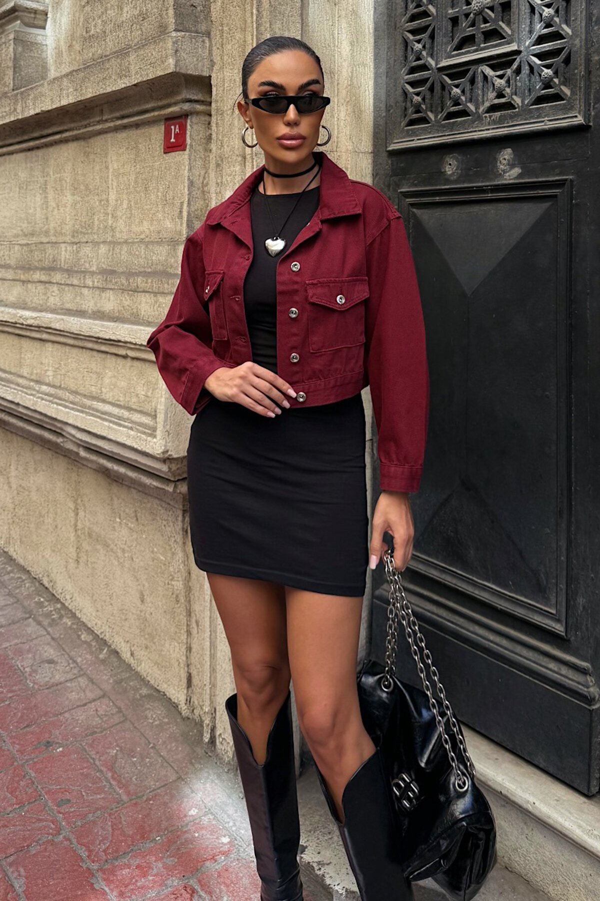 Bordo Çif Cepli Düğme Kapamalı Crop Denim Ceket