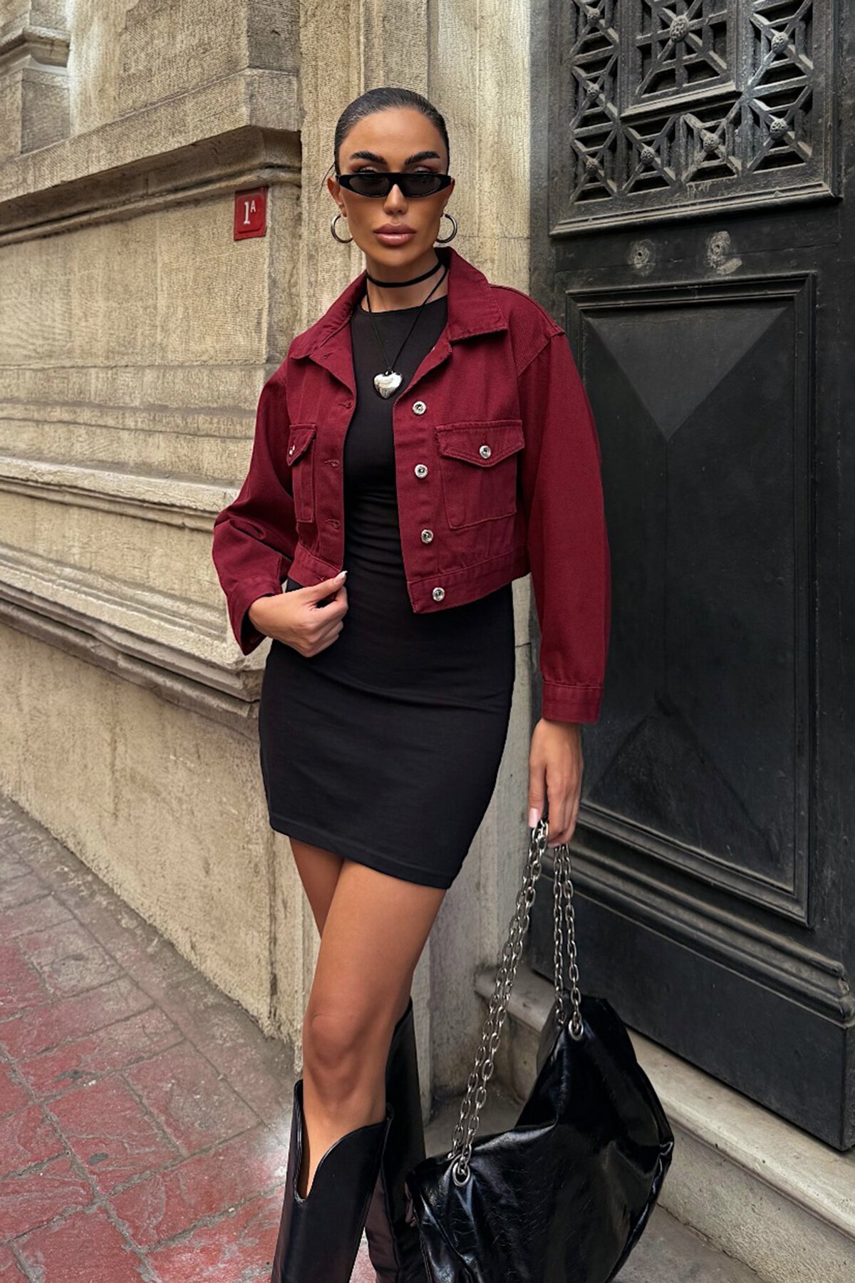 Bordo Çif Cepli Düğme Kapamalı Crop Denim Ceket