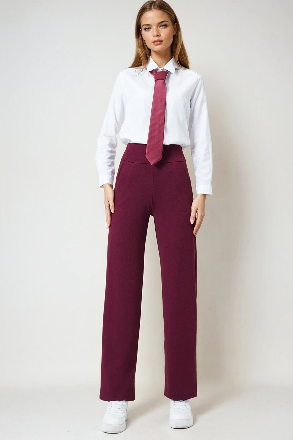 Bordo Geniş Kemerli Çift Cepli Palazzo Pantolon