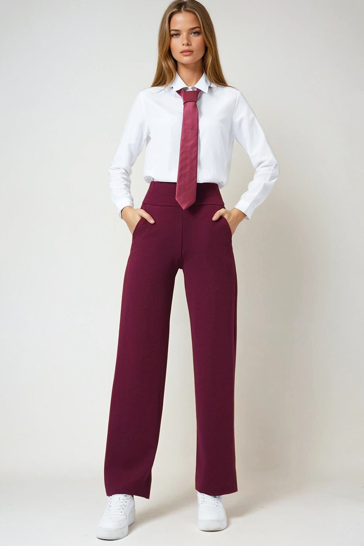 Bordo Geniş Kemerli Çift Cepli Palazzo Pantolon