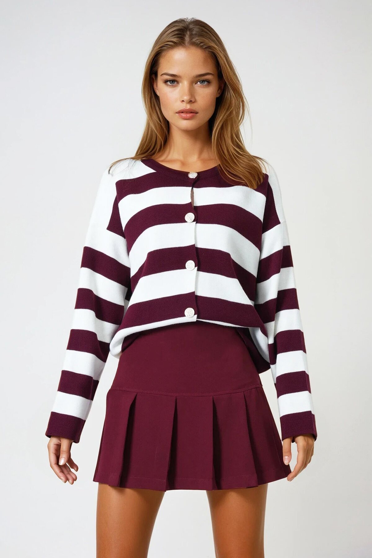 Bordo Kalın Çizgili Düğmeli Triko Hırka