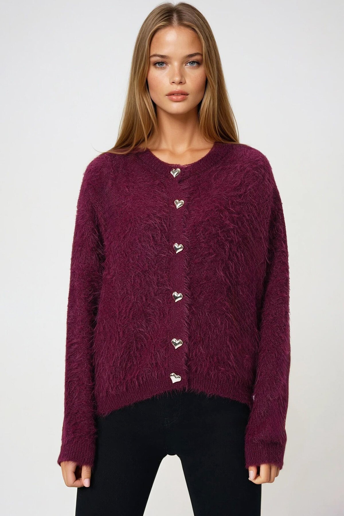 Bordo Kalp Düğme Detaylı Sakallı Hırka