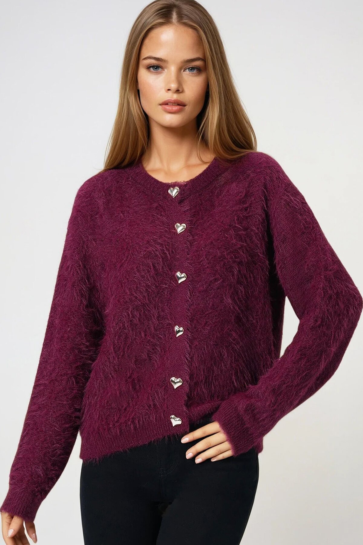 Bordo Kalp Düğme Detaylı Sakallı Hırka