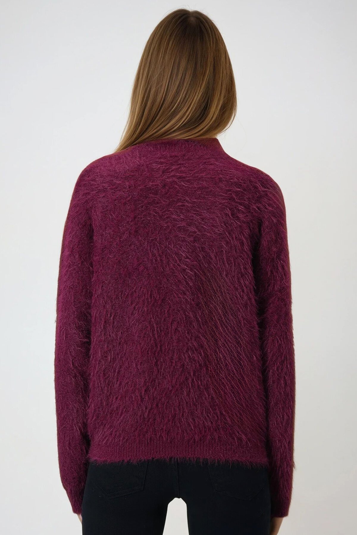 Bordo Kalp Düğme Detaylı Sakallı Hırka