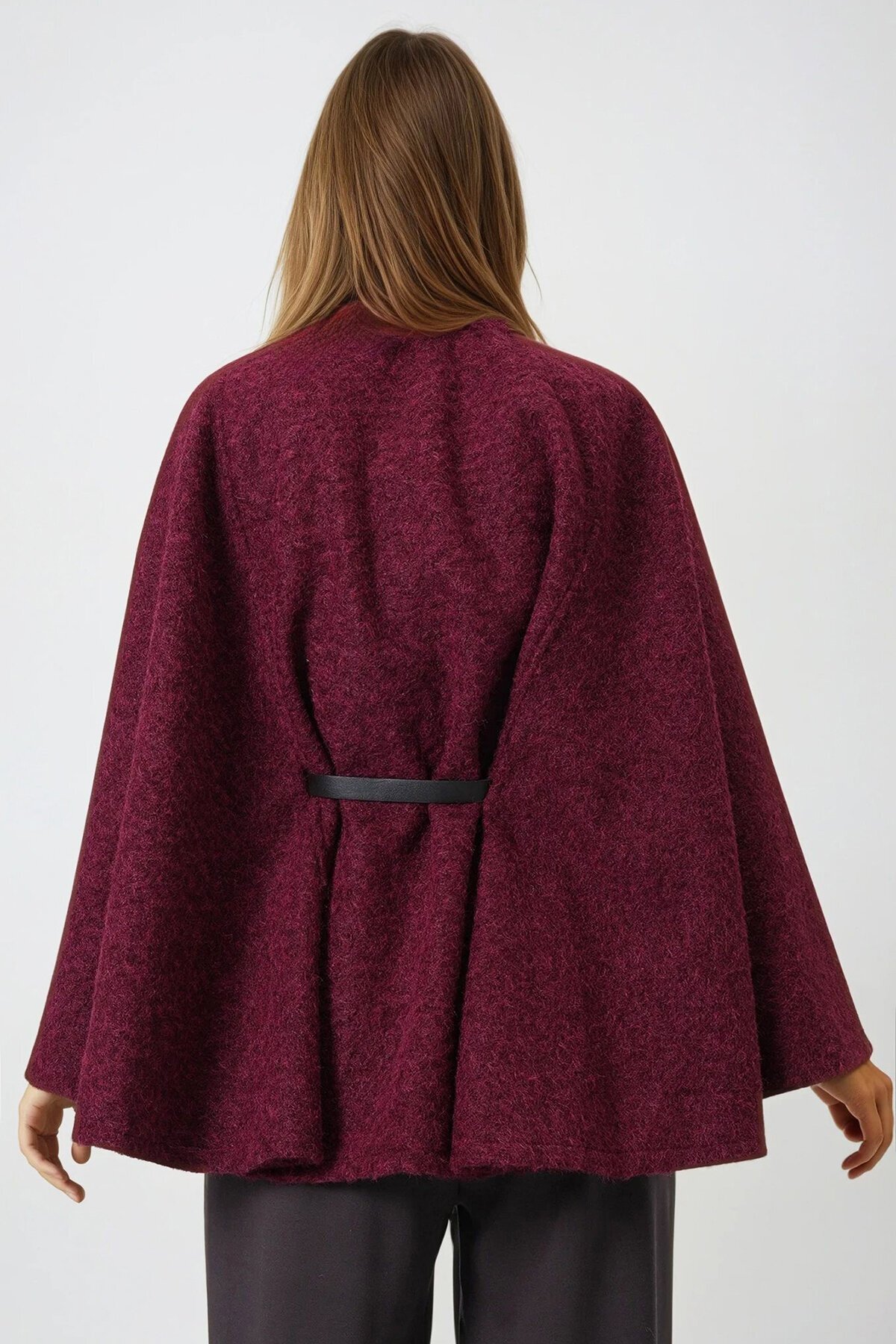 Bordo Kemerli Gizli Düğmeli Premium Pelerin