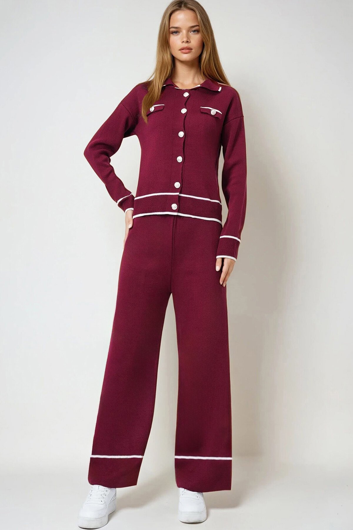 Bordo Kontrast Biyeli Polo Yaka Triko Hırka Ve Pantolon Takım