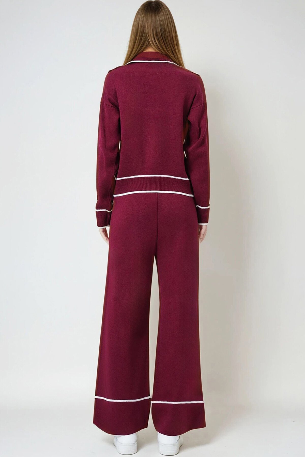 Bordo Kontrast Biyeli Polo Yaka Triko Hırka Ve Pantolon Takım