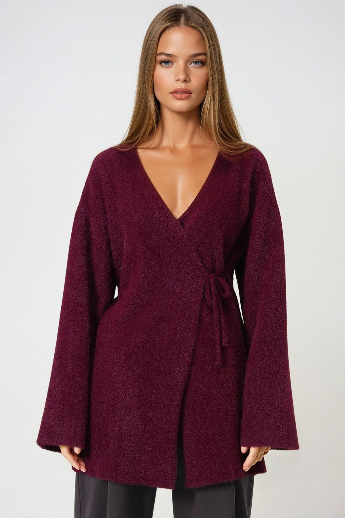 Bordo Kruvaze Yaka Püsküllü Hırka