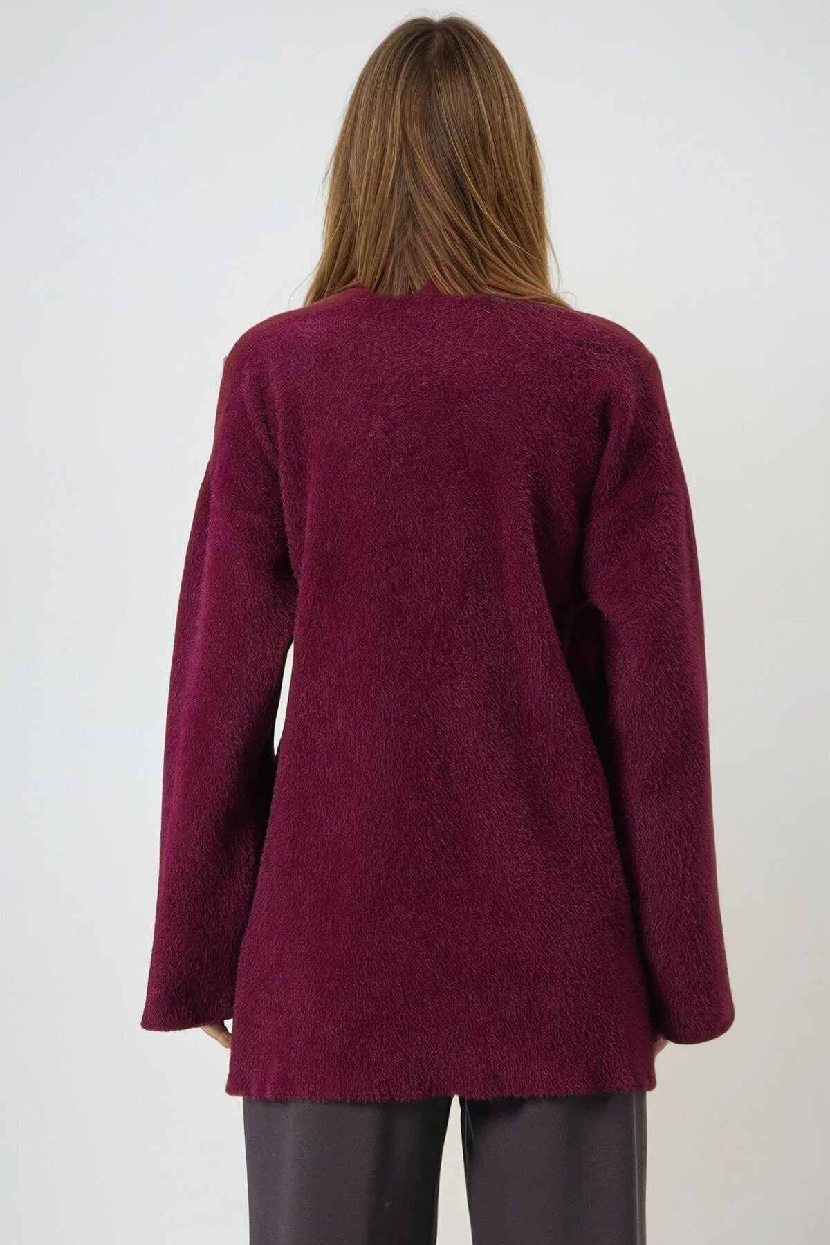 Bordo Kruvaze Yaka Püsküllü Hırka