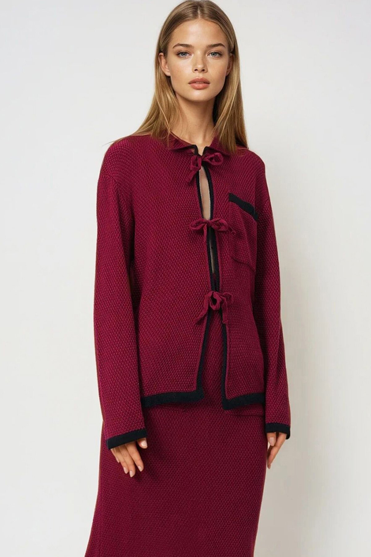 Bordo Polo Yaka Bağlamalı Triko Üst Ve Midi Etek Trikotakım