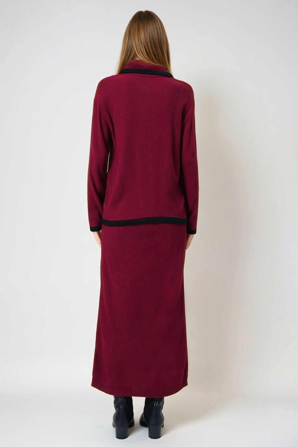 Bordo Polo Yaka Bağlamalı Triko Üst Ve Midi Etek Trikotakım