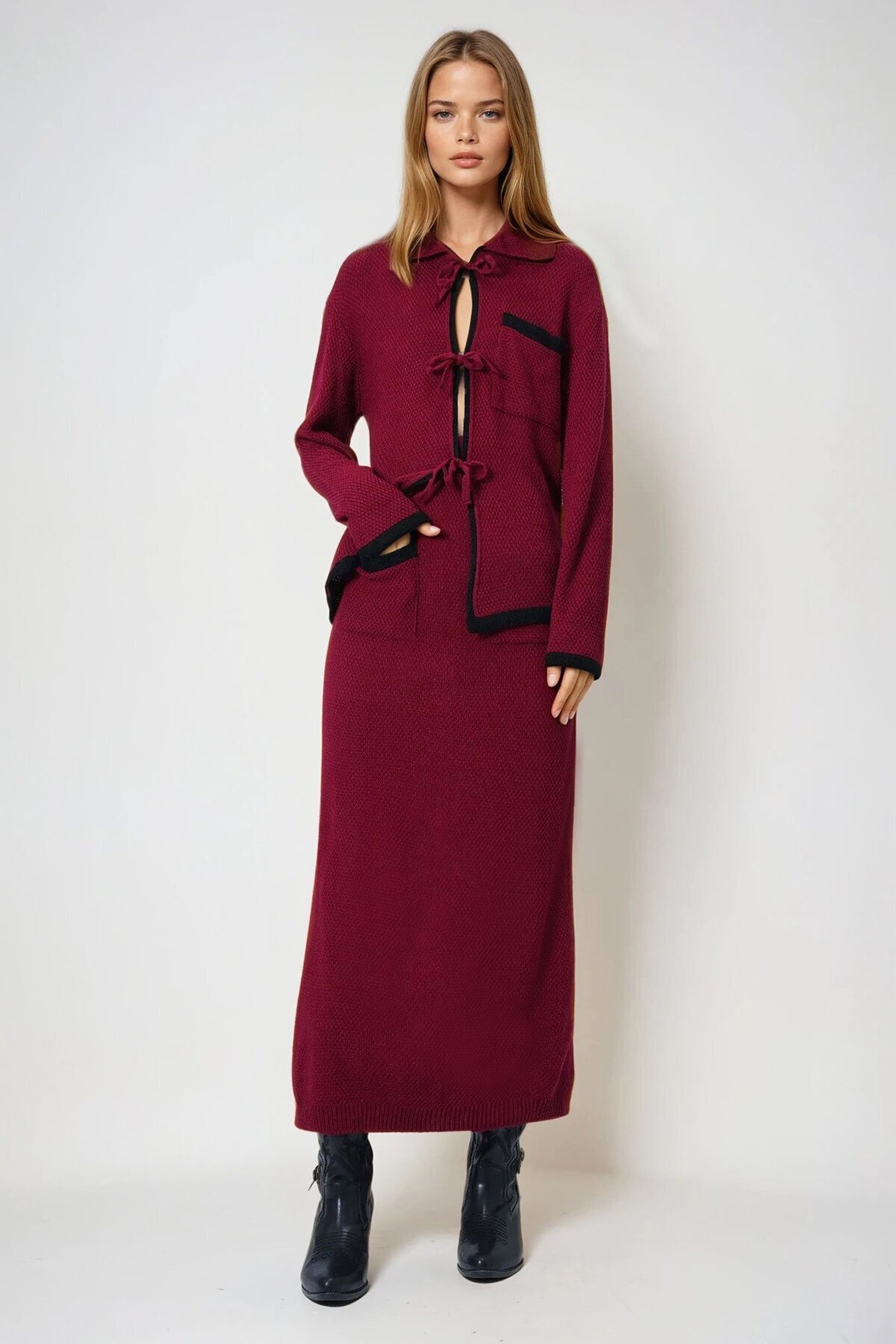 Bordo Polo Yaka Bağlamalı Triko Üst Ve Midi Etek Trikotakım