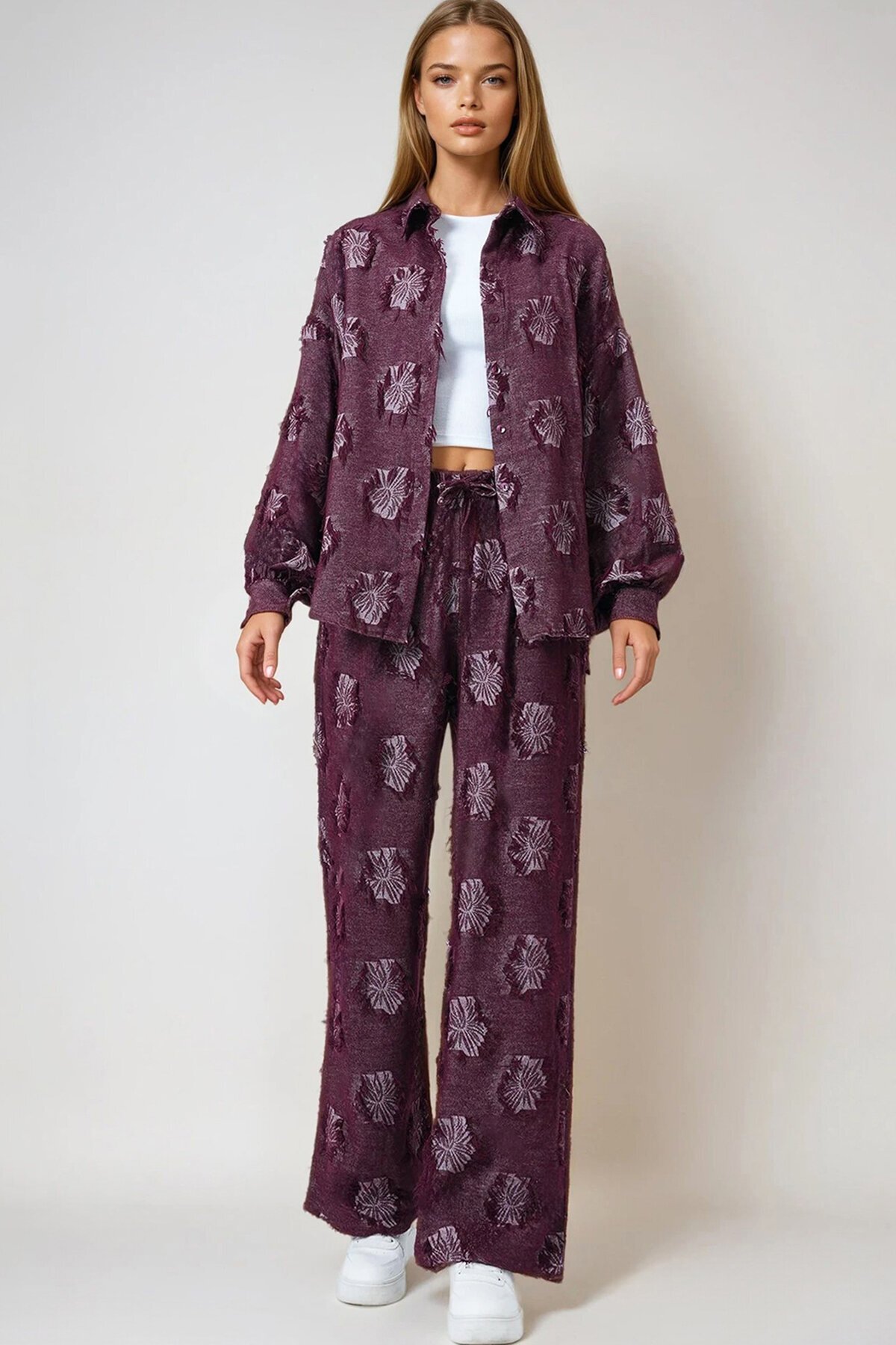 Püsküllü Oversize Gömlek Ve Beli Lastikli Pantolon Dokuma İkili Takım