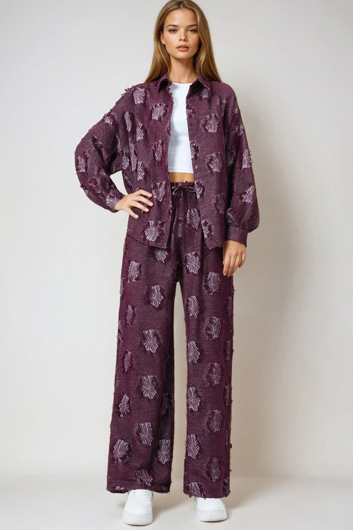 Püsküllü Oversize Gömlek Ve Beli Lastikli Pantolon Dokuma İkili Takım