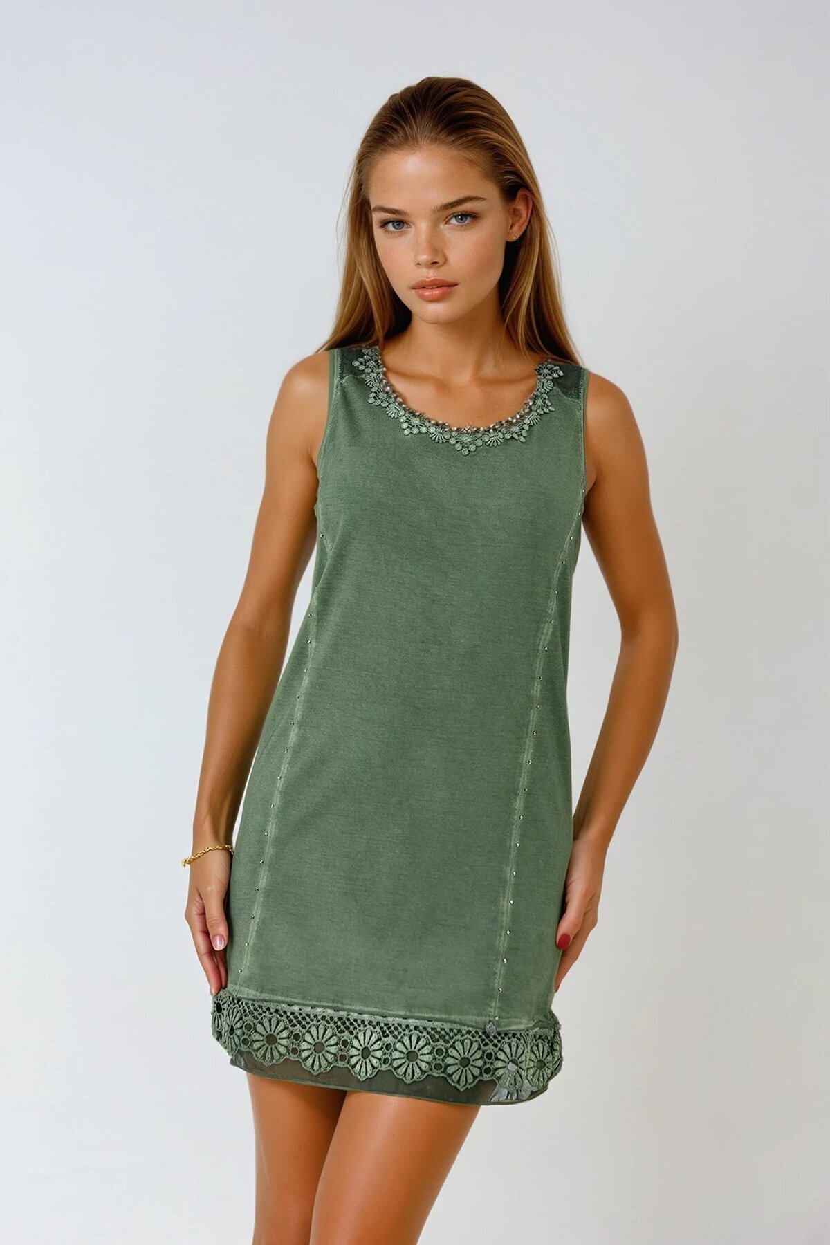 Haki Çiçek Dantel Detaylı Kolsuz U Yaka Mini Elbise