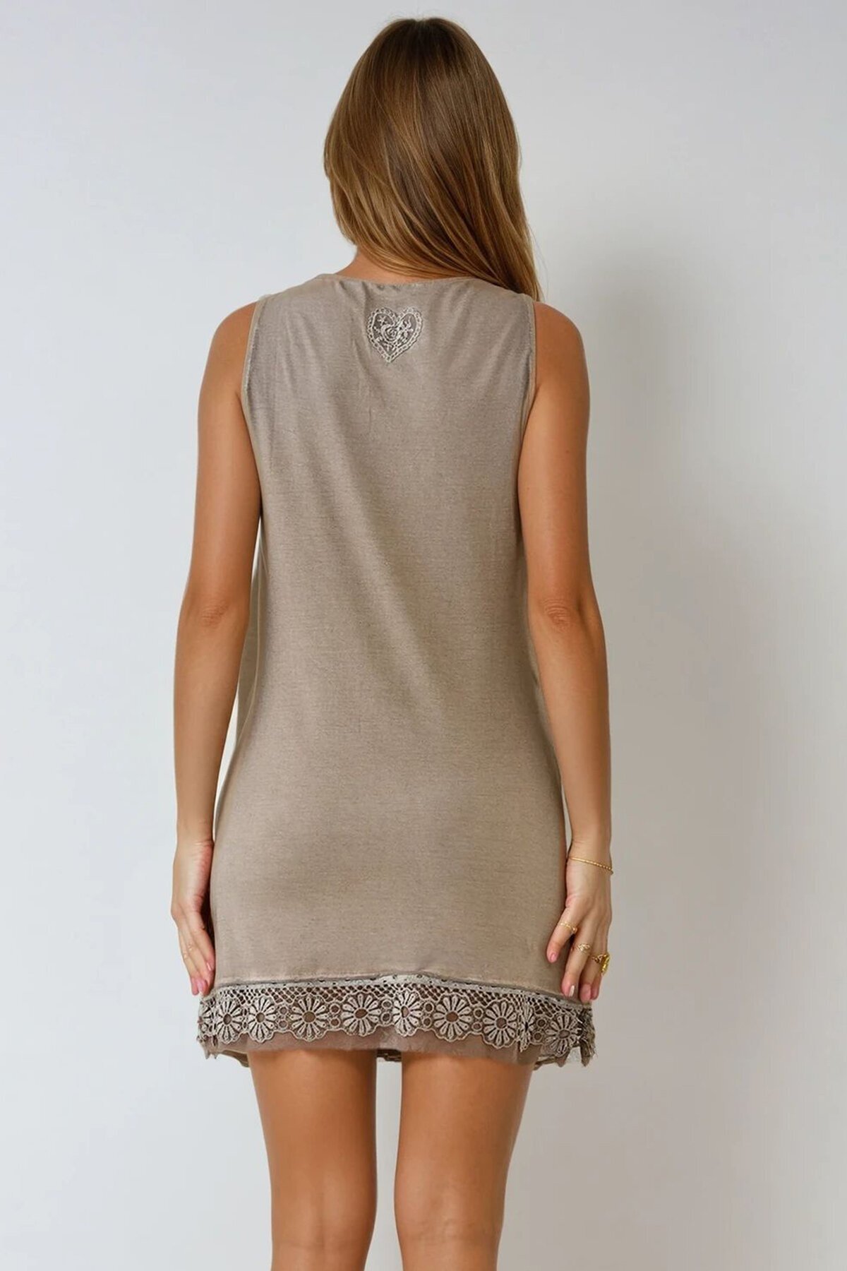 Vizon Çiçek Dantel Detaylı Kolsuz U Yaka Mini Elbise