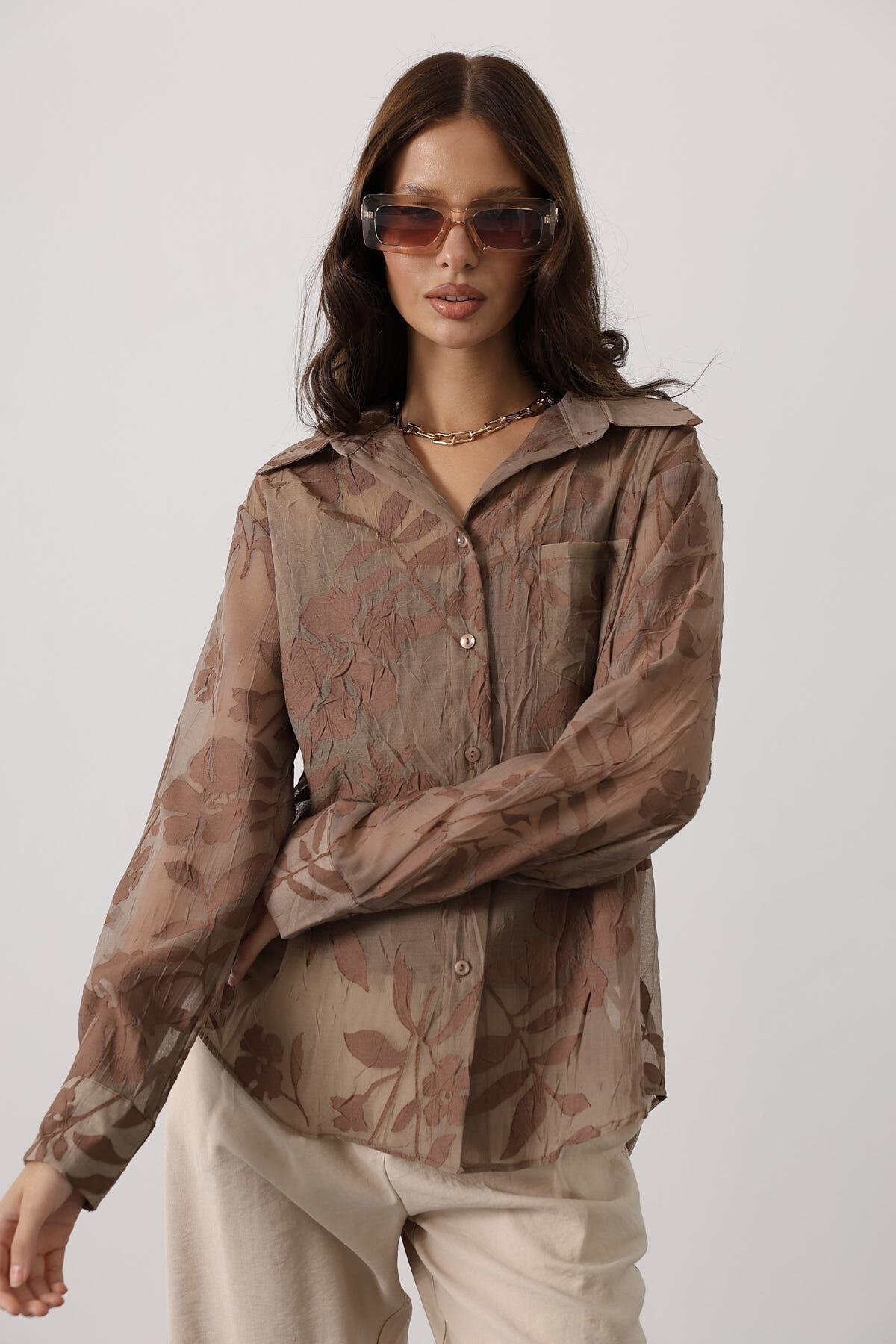 Çiçek Desenli Transparan Dokulu Oversize Uzun Kollu Gömlek