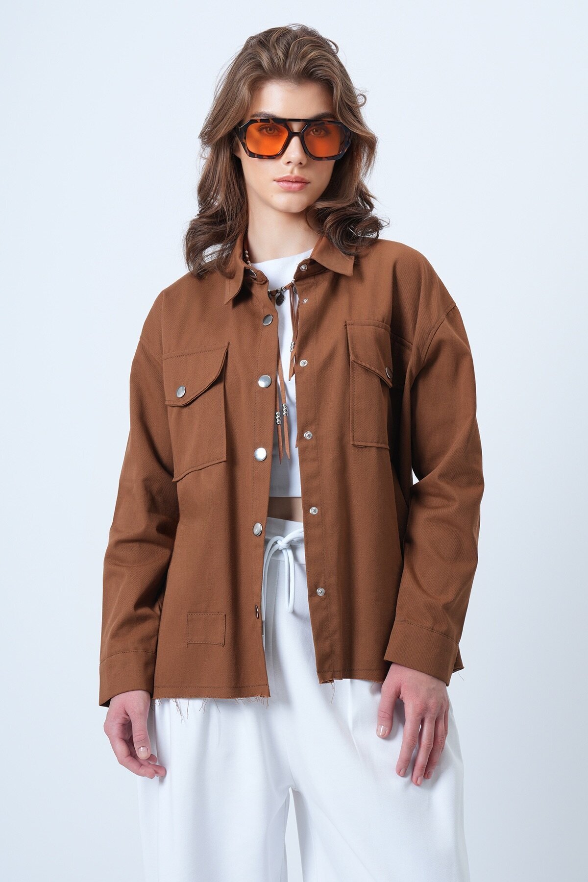 Çift Cepli Çıt Çıt Kapamalı Oversize Gömlek Gabardin Ceket