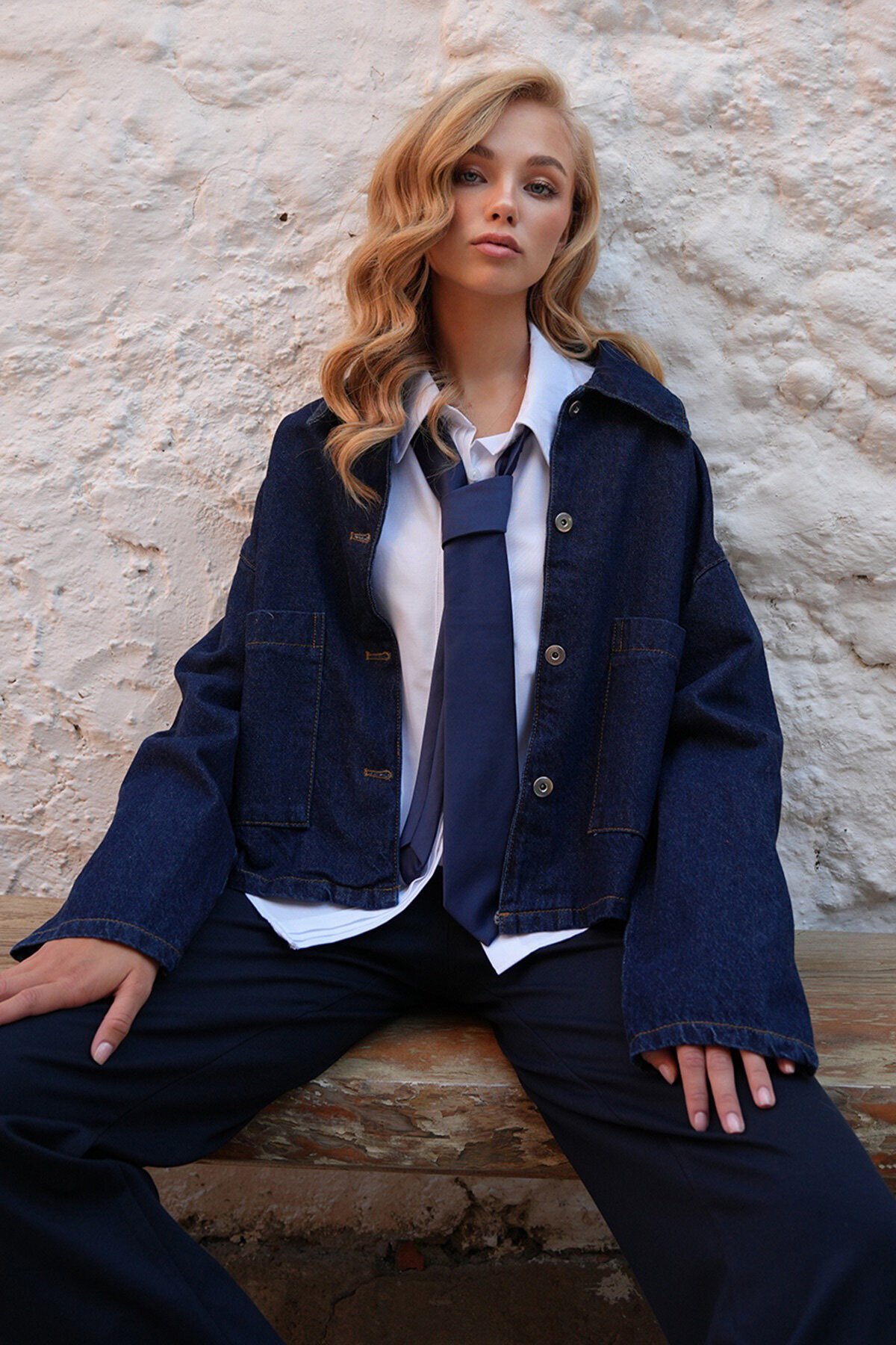 Çift Cepli Crop Denim Ceket