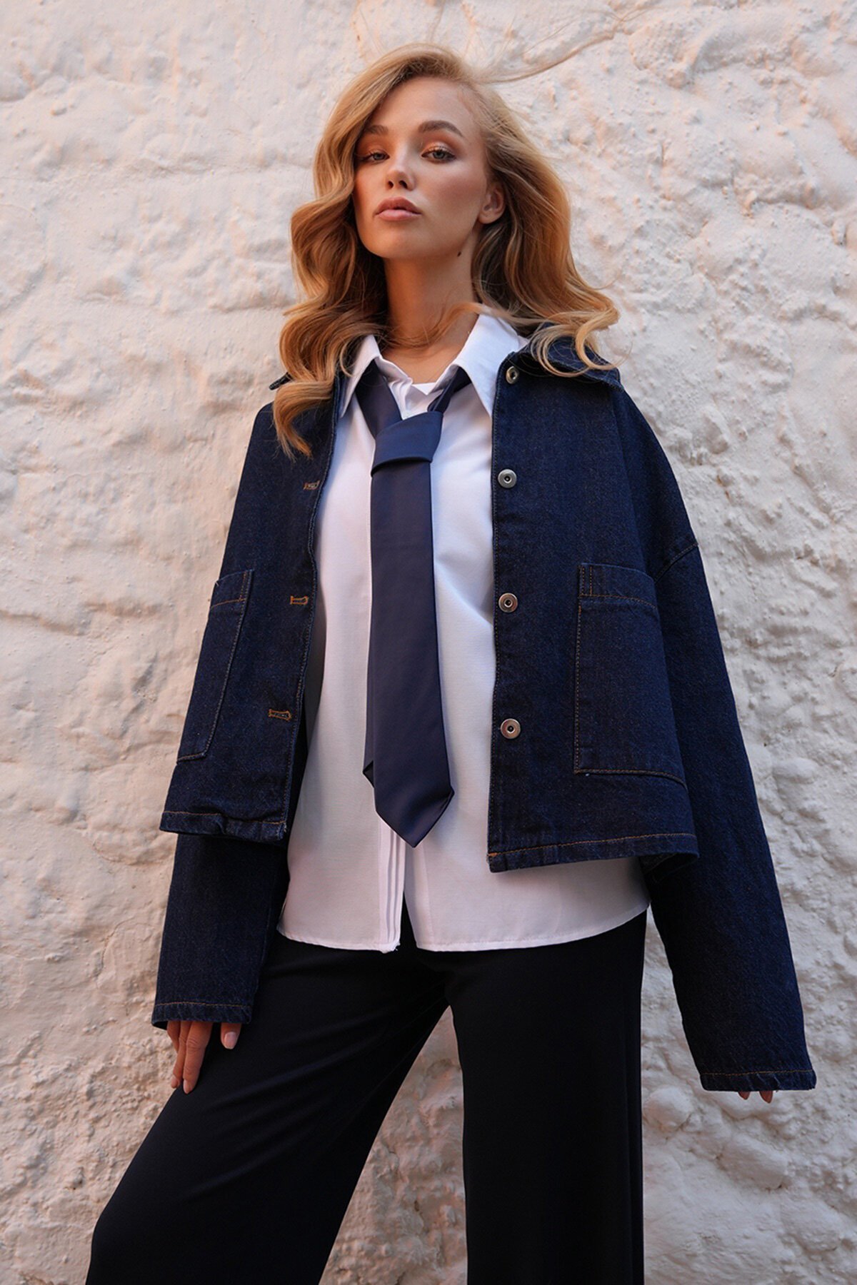 Çift Cepli Crop Denim Ceket