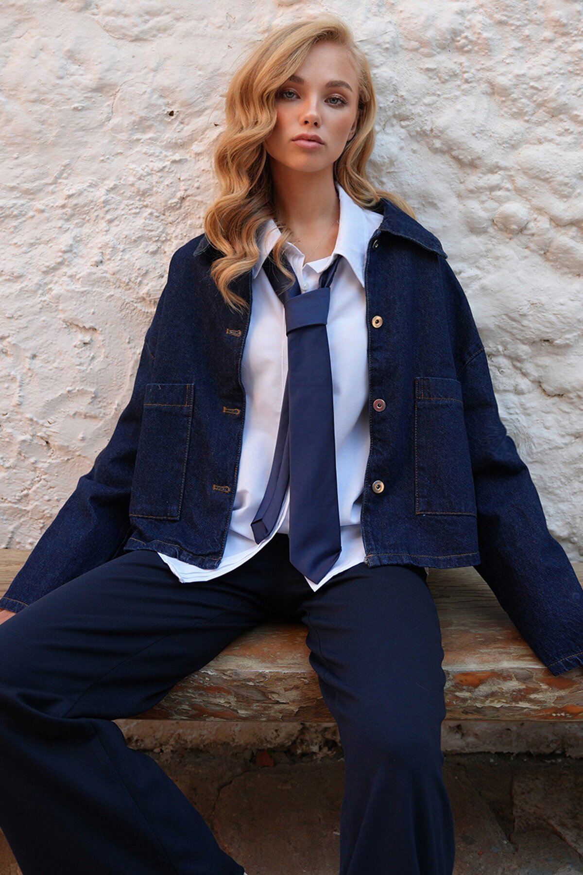 Çift Cepli Crop Denim Ceket