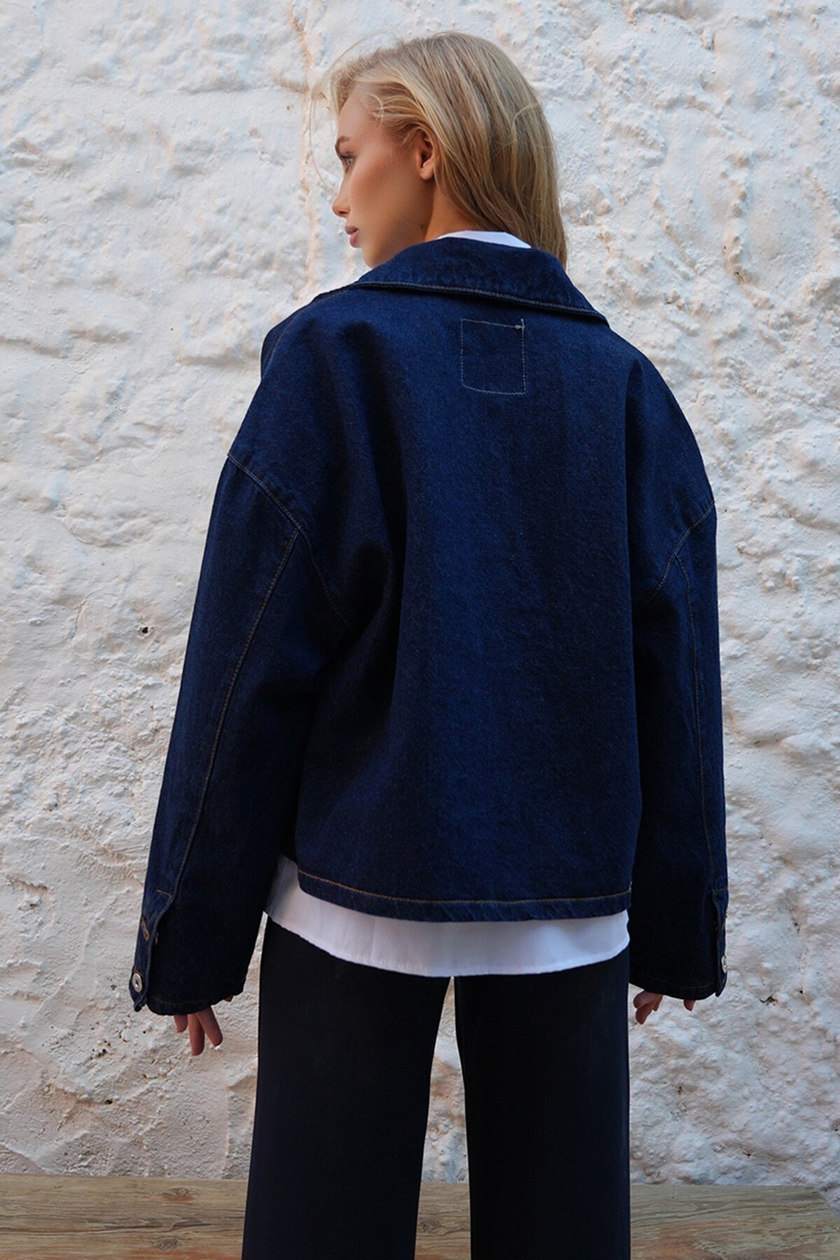 Çift Cepli Crop Denim Ceket