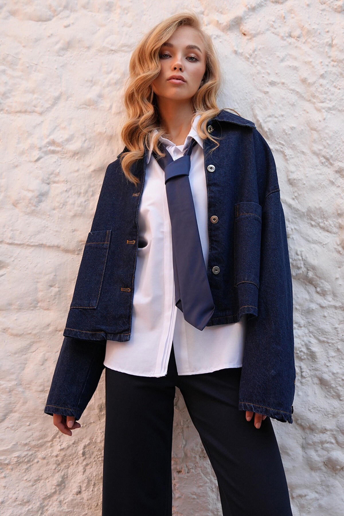 Çift Cepli Crop Denim Ceket