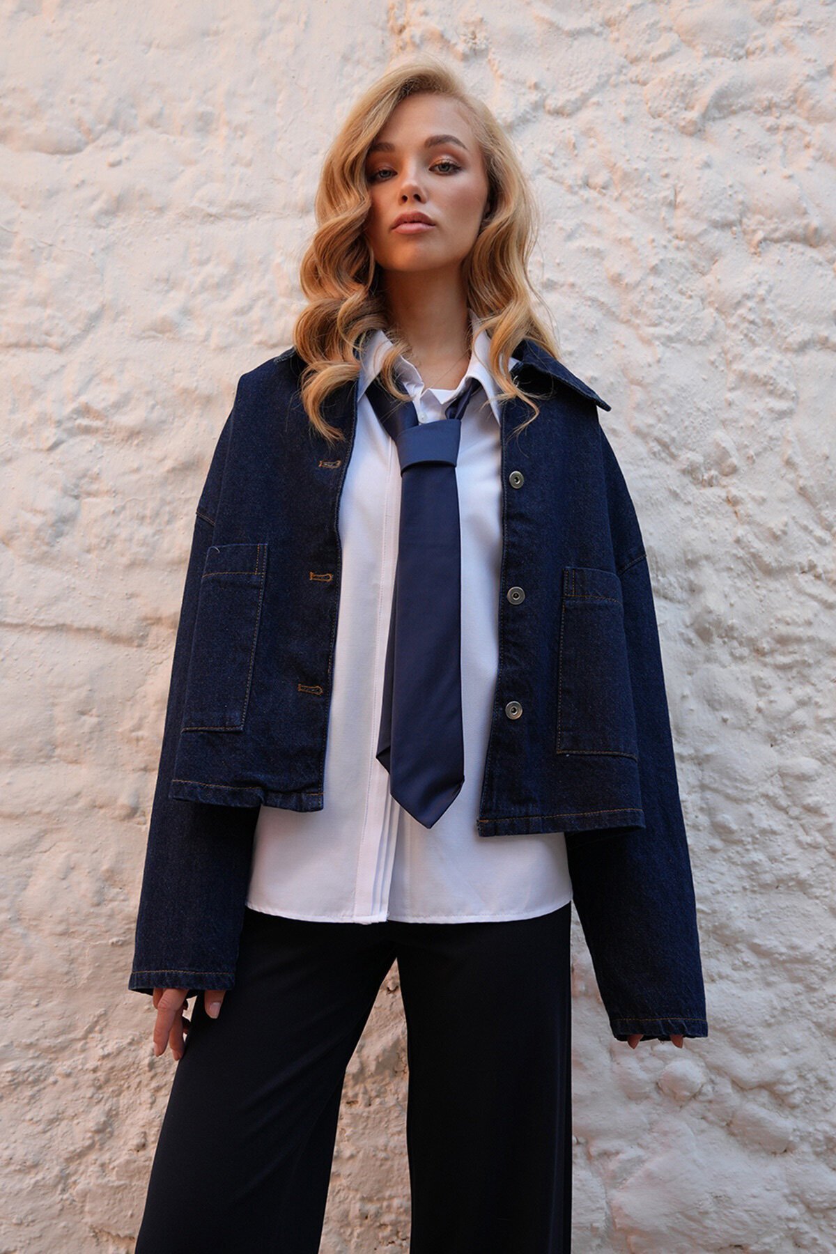 Çift Cepli Crop Denim Ceket