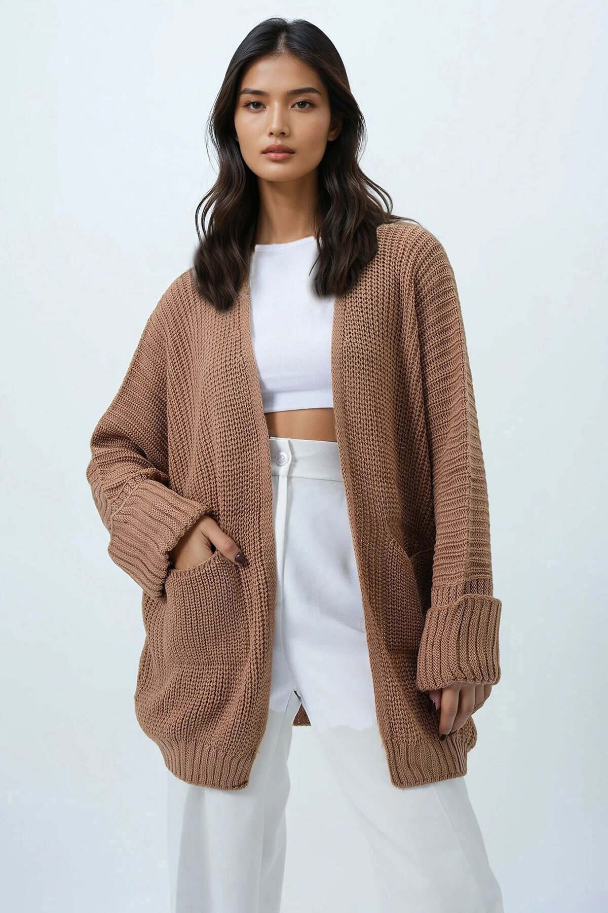 Çift Cepli Duble Kol Selanik Örgü Uzun Triko Hırka