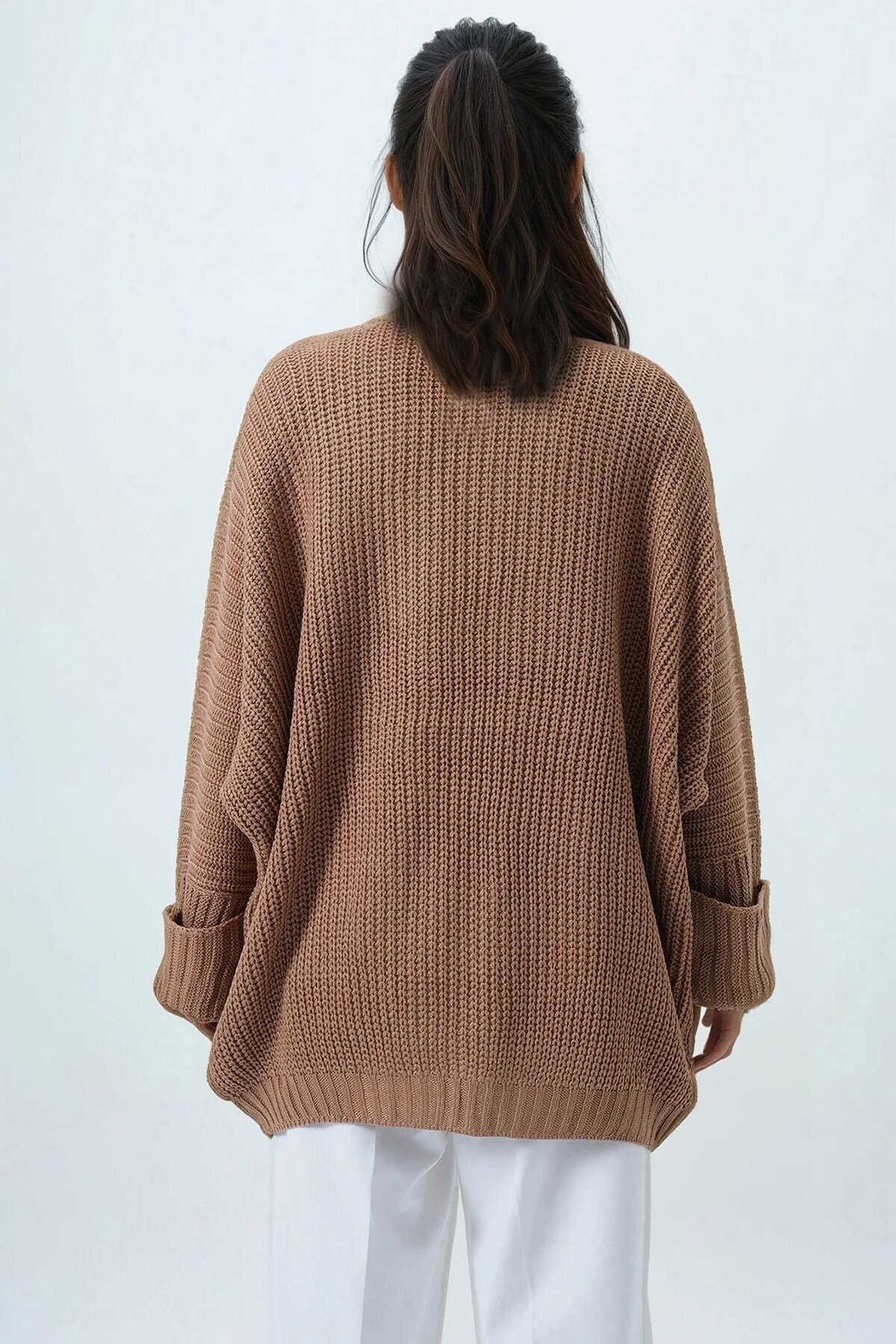 Çift Cepli Duble Kol Selanik Örgü Uzun Triko Hırka