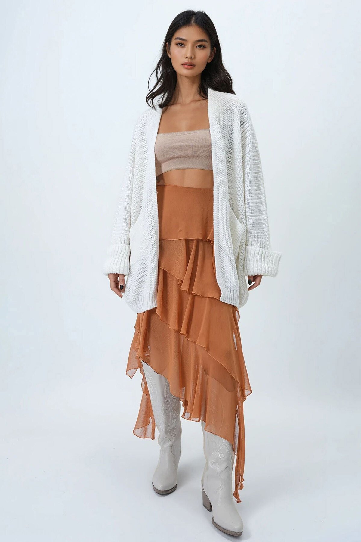 Çift Cepli Duble Kol Selanik Örgü Uzun Triko Hırka