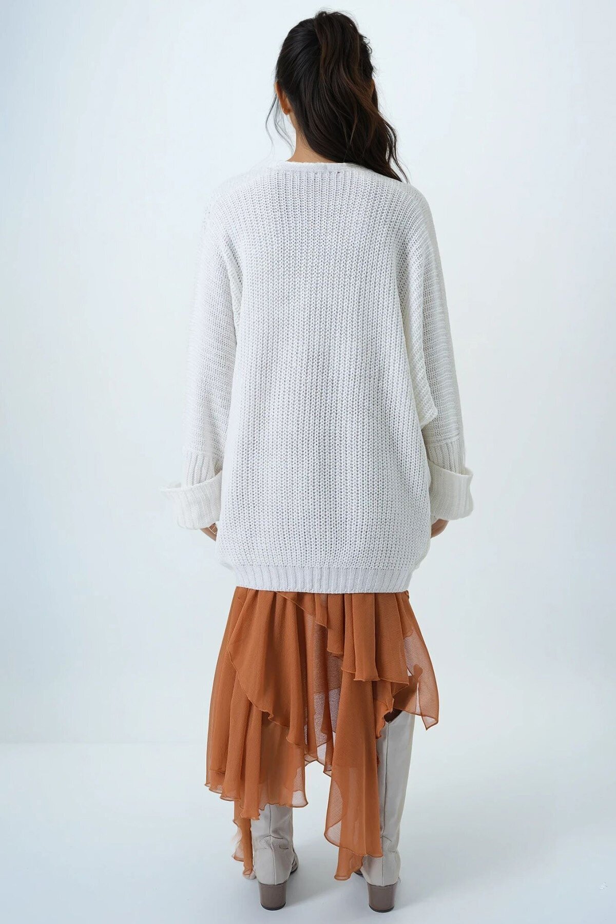 Çift Cepli Duble Kol Selanik Örgü Uzun Triko Hırka