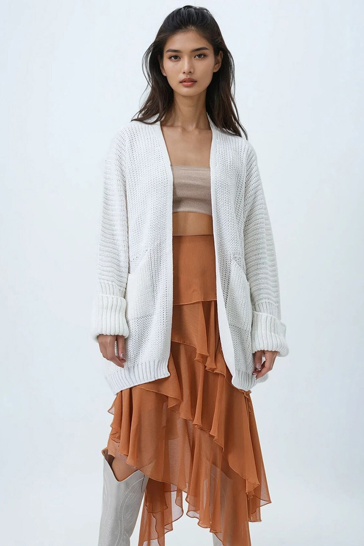 Çift Cepli Duble Kol Selanik Örgü Uzun Triko Hırka