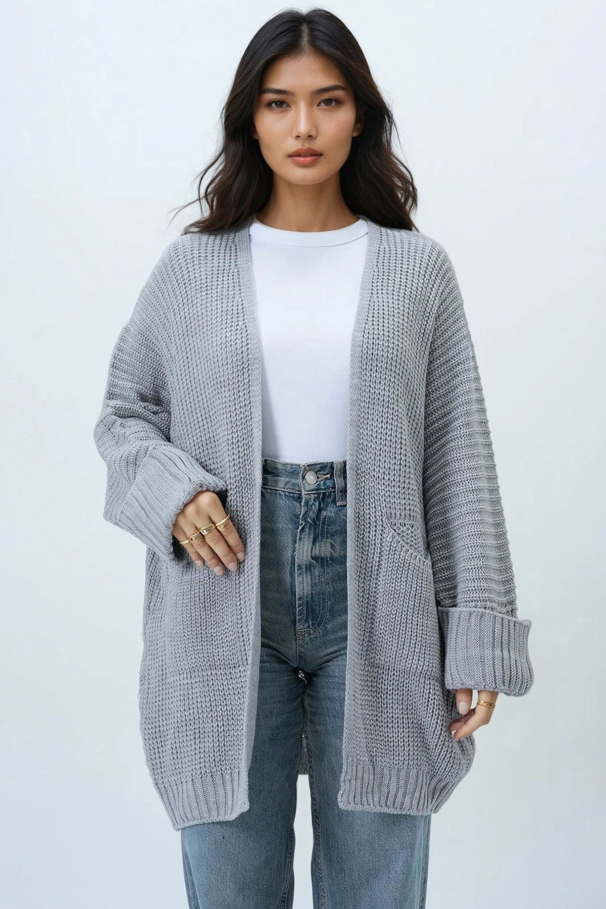 Çift Cepli Duble Kol Selanik Örgü Uzun Triko Hırka