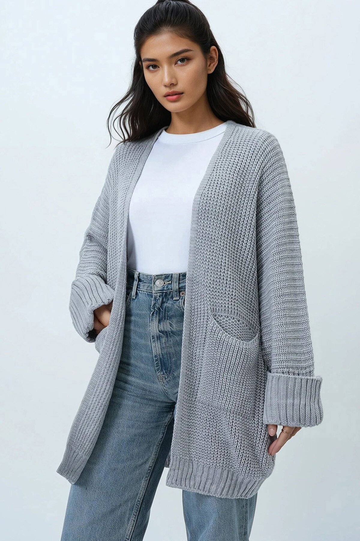 Çift Cepli Duble Kol Selanik Örgü Uzun Triko Hırka