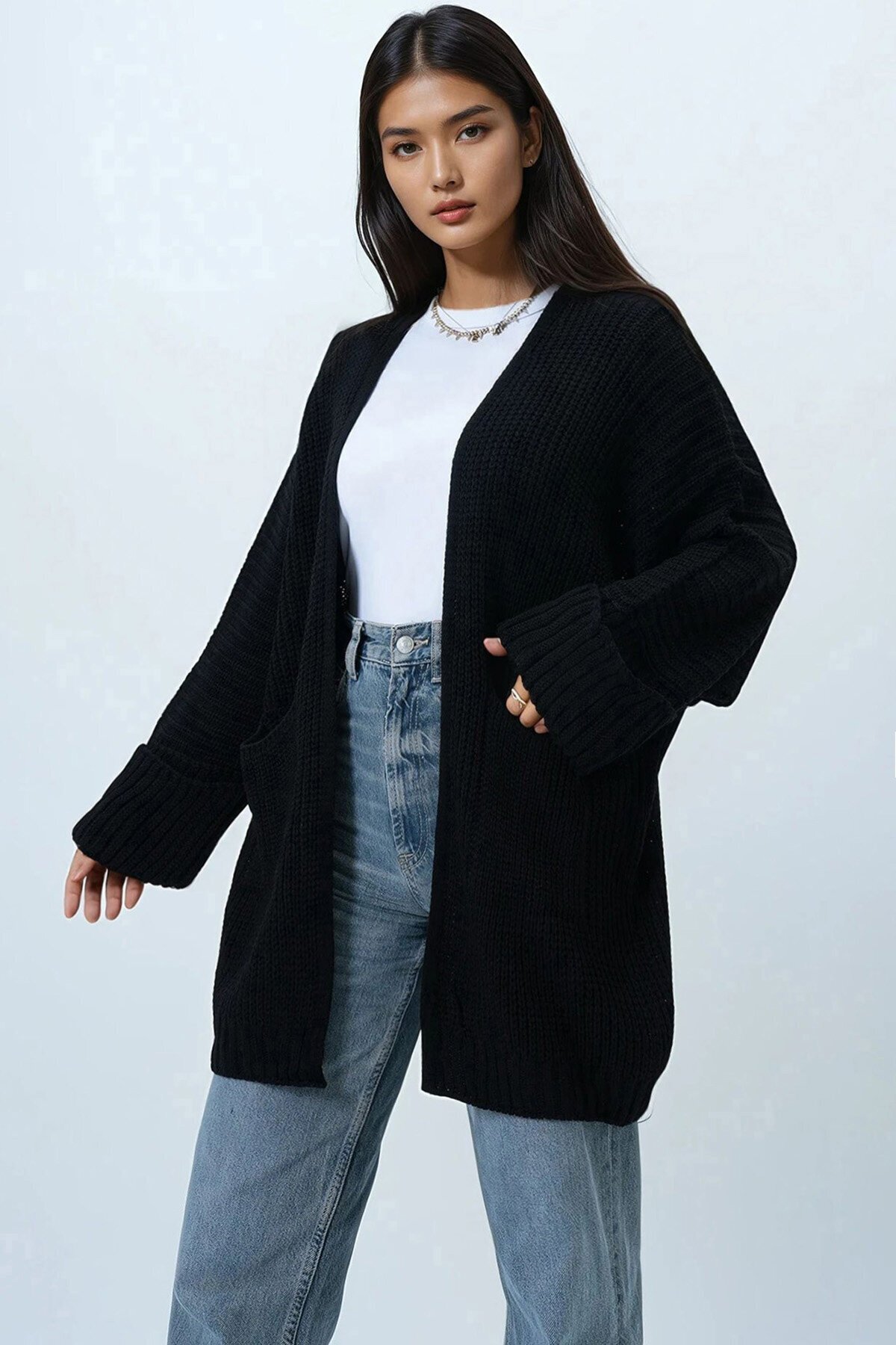 Çift Cepli Duble Kol Selanik Örgü Uzun Triko Hırka