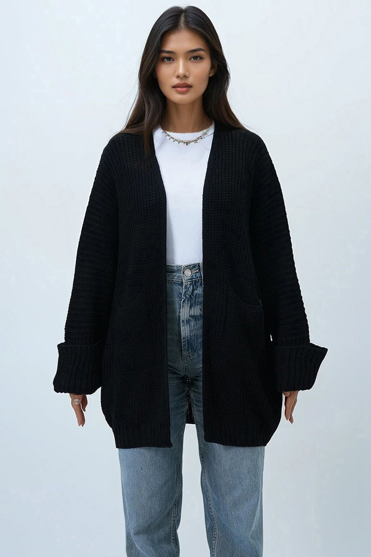 Çift Cepli Duble Kol Selanik Örgü Uzun Triko Hırka