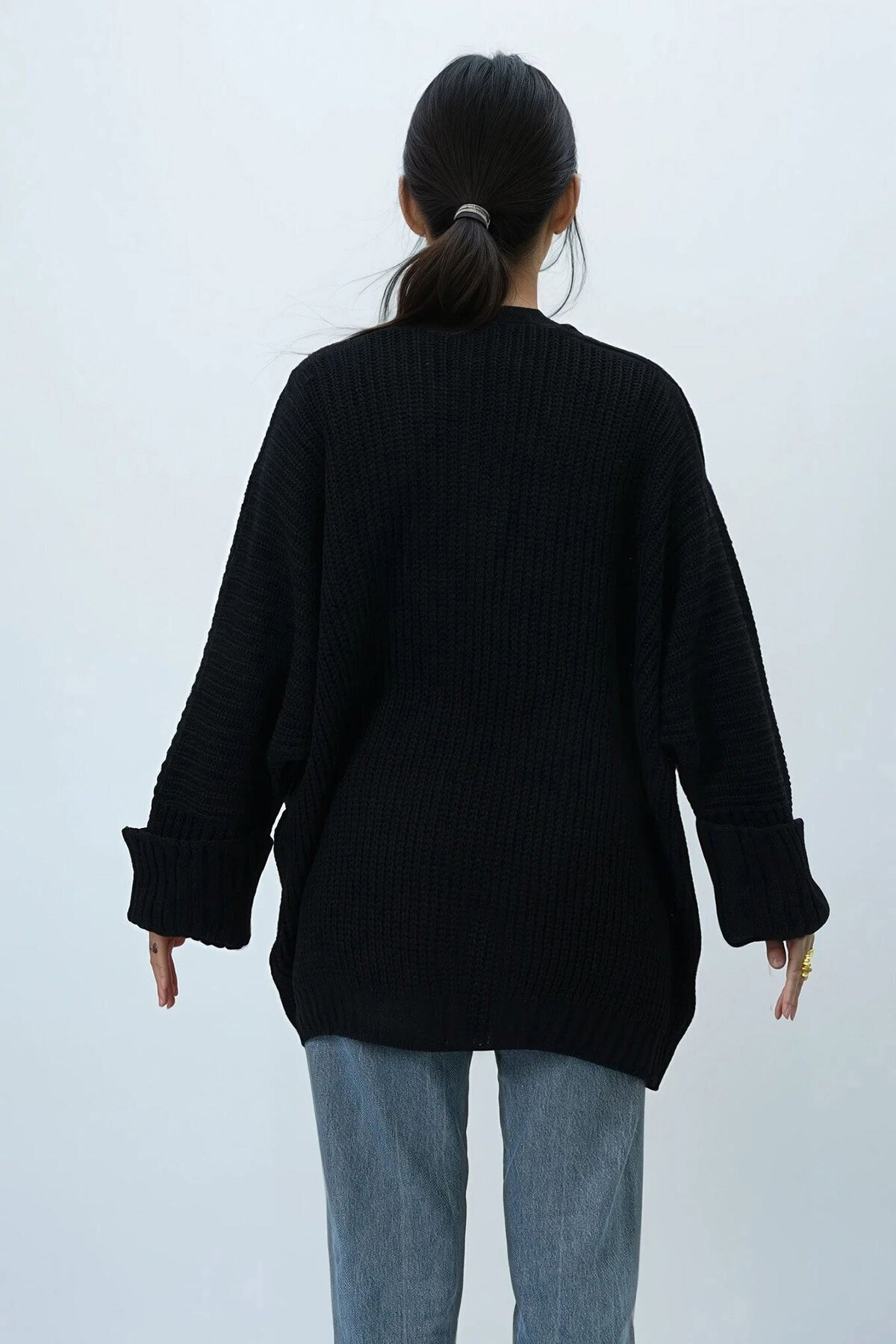 Çift Cepli Duble Kol Selanik Örgü Uzun Triko Hırka