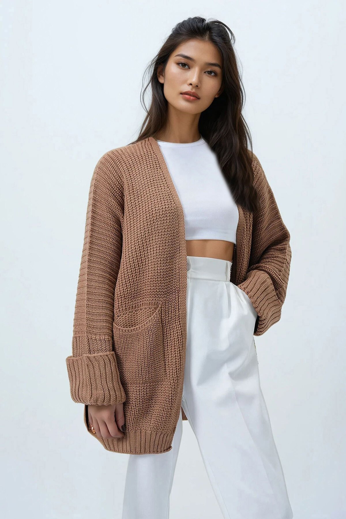 Çift Cepli Duble Kol Selanik Örgü Uzun Triko Hırka