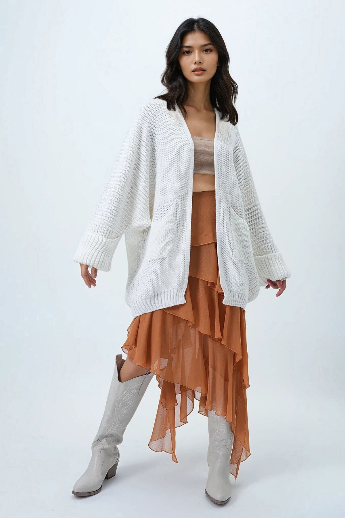 Çift Cepli Duble Kol Selanik Örgü Uzun Triko Hırka