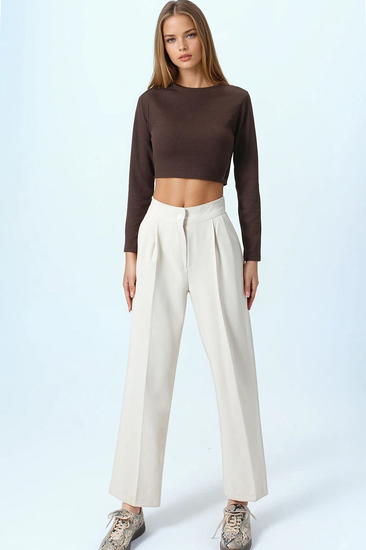 Çift Cepli Düğme Kapamalı Palazzo Pantolon