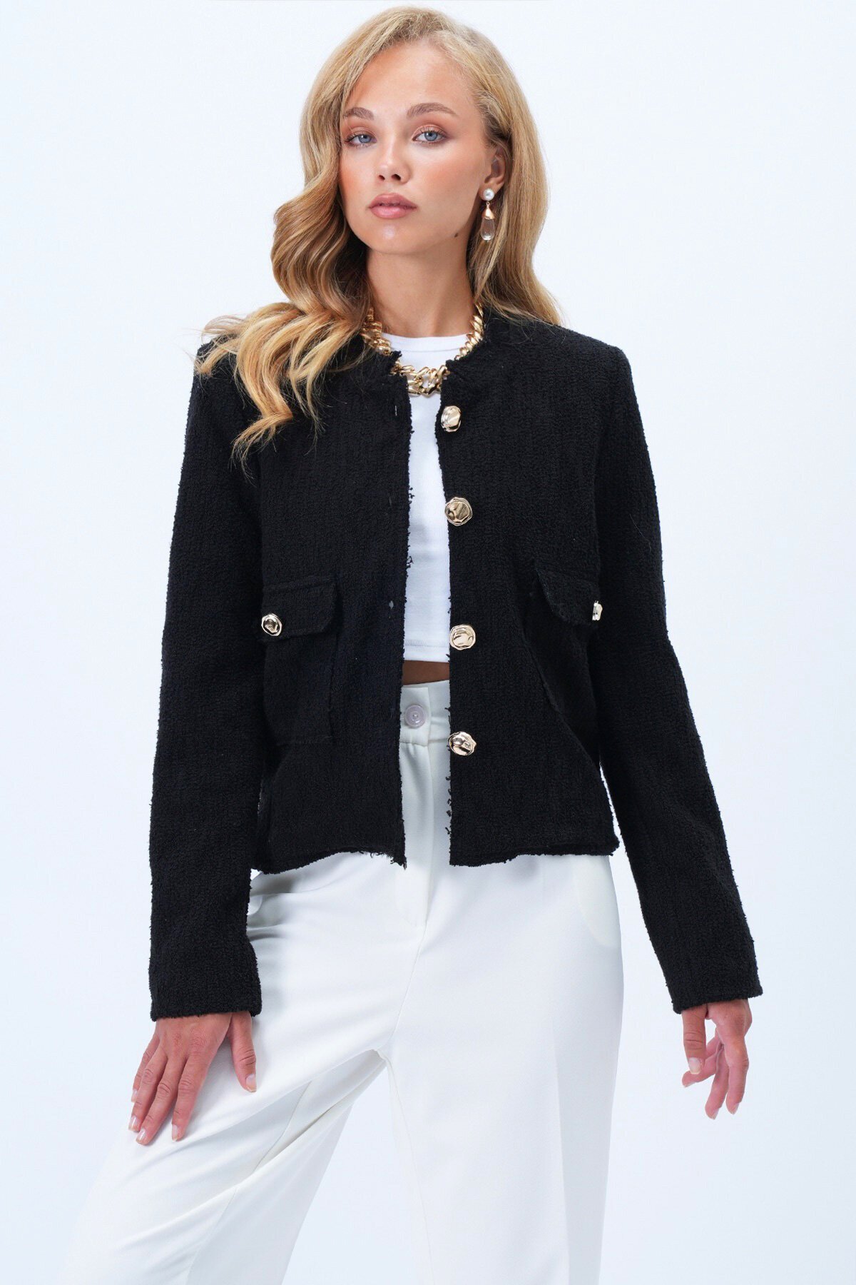 Çift Cepli Gold Düğme Detaylı İçi Astarlı Ceket