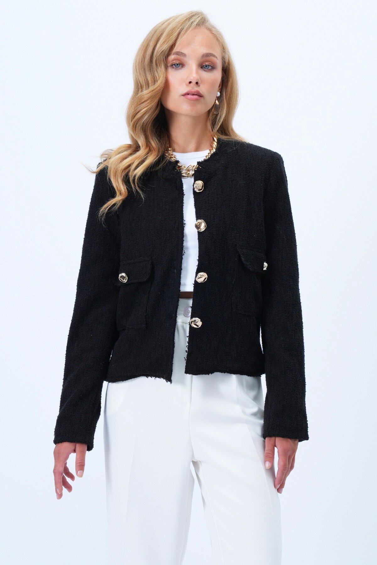 Çift Cepli Gold Düğme Detaylı İçi Astarlı Ceket