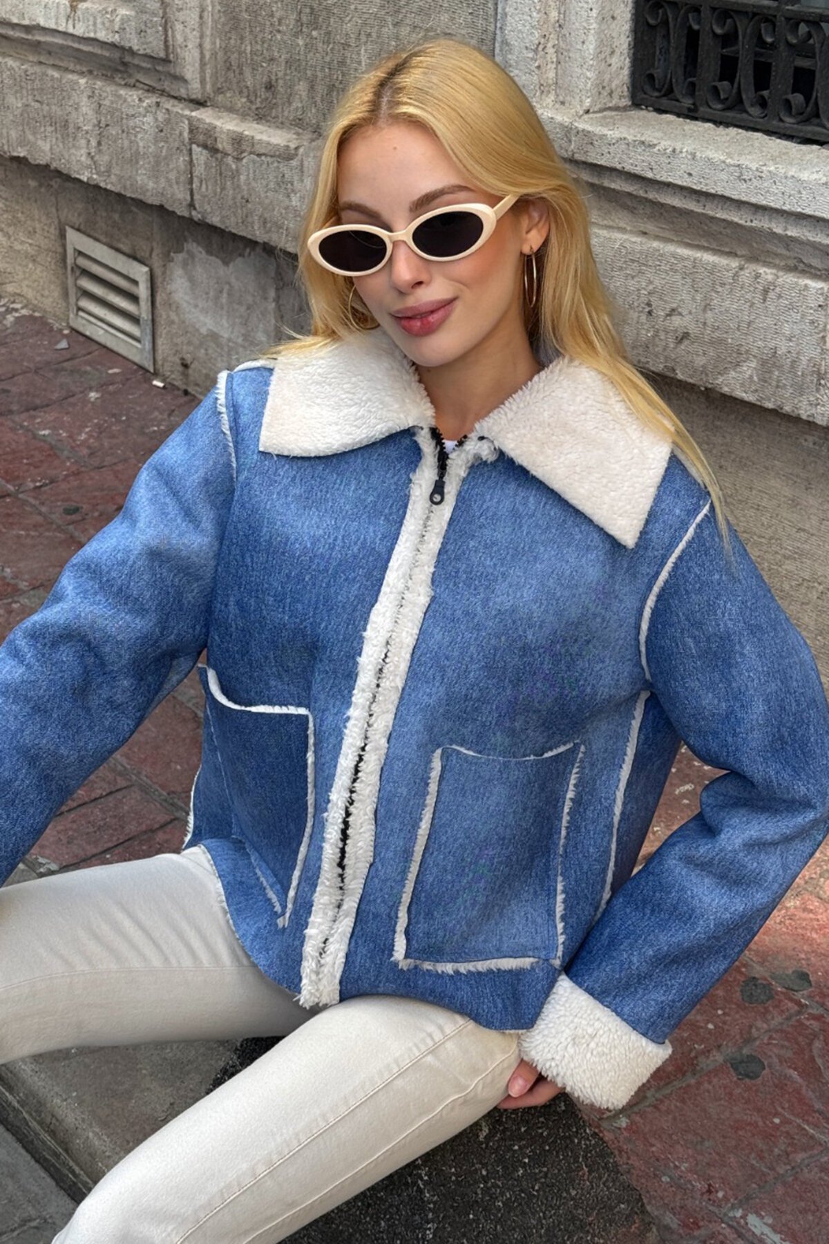 Çift Cepli İçi Suni Kürklü Suni Deri Biker Ceket