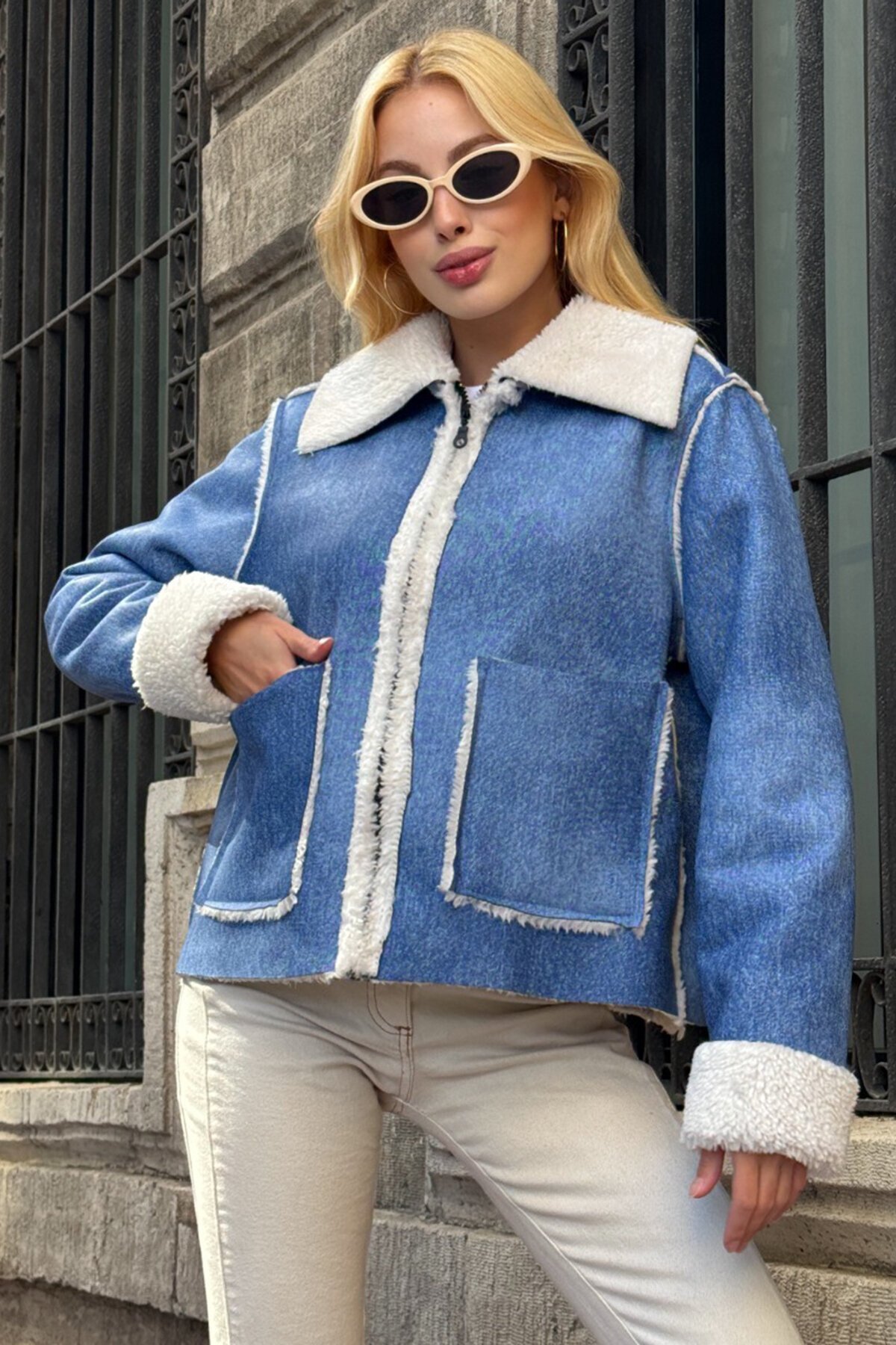 Çift Cepli İçi Suni Kürklü Suni Deri Biker Ceket