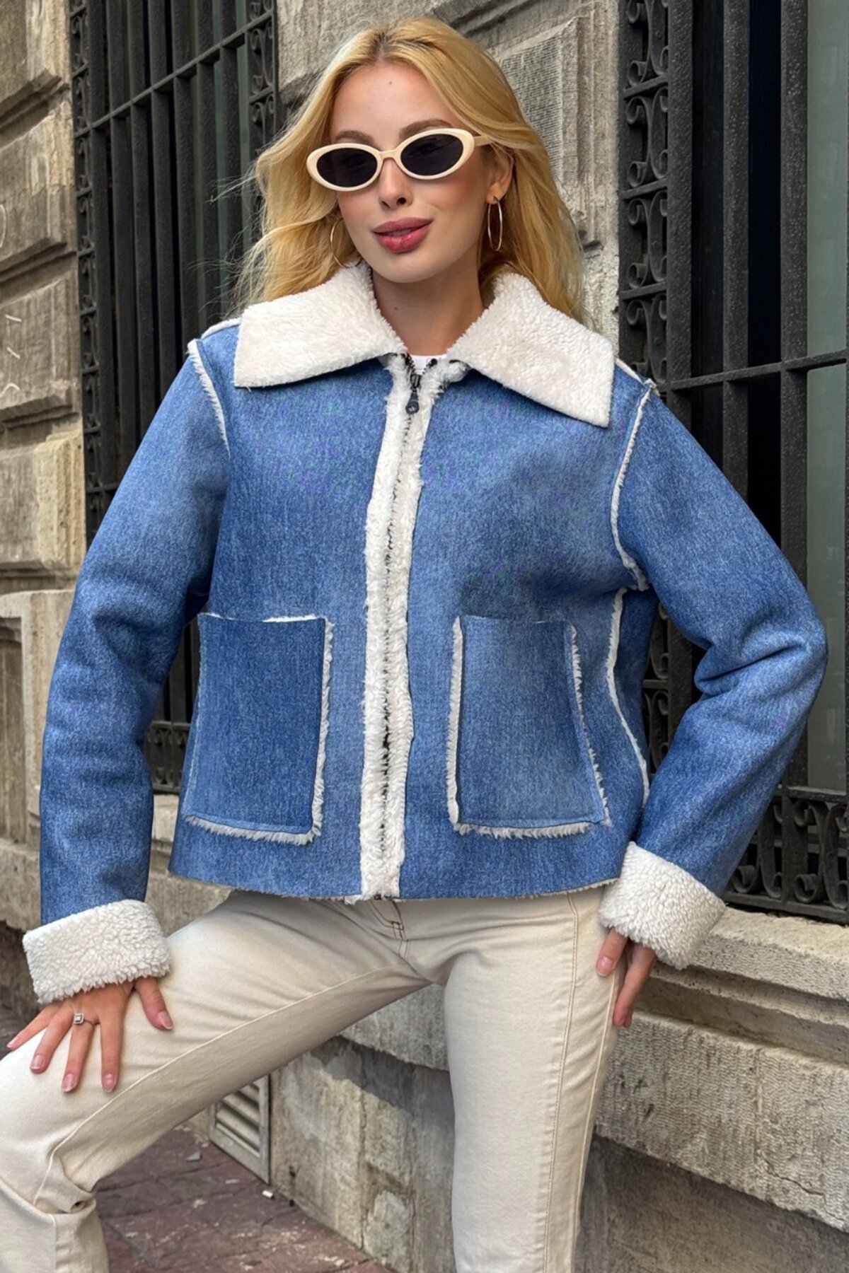 Çift Cepli İçi Suni Kürklü Suni Deri Biker Ceket