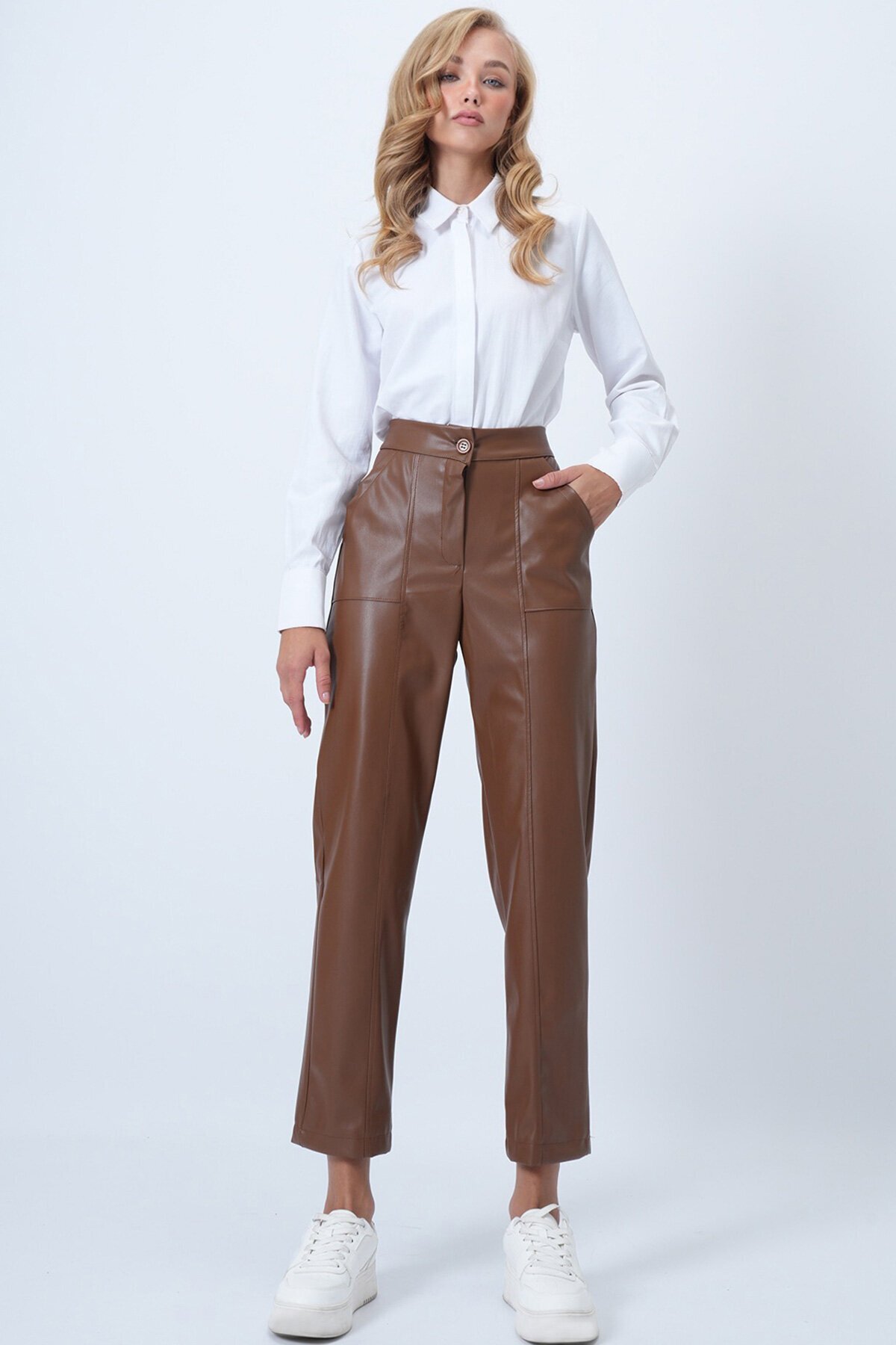 Çift Cepli Önü Çımalı Deri Pantolon