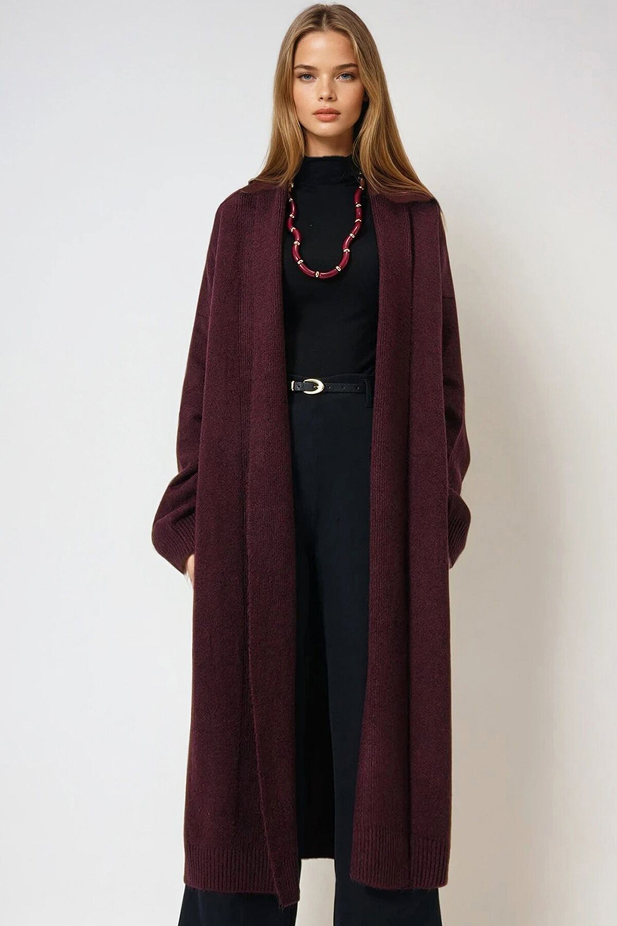 Çift Yaka Uzun Triko Hırka