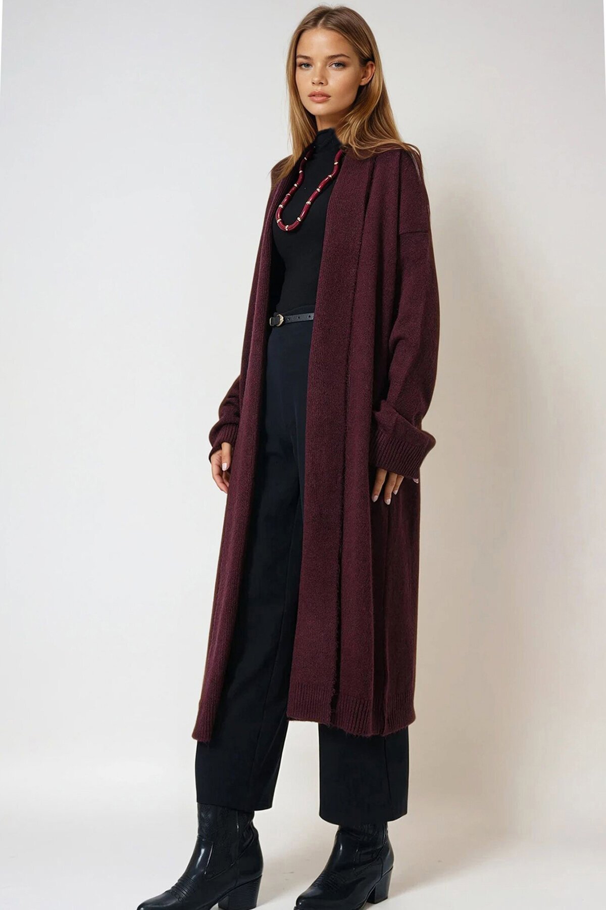 Çift Yaka Uzun Triko Hırka